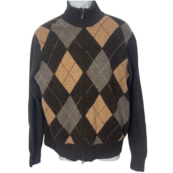 J Crew Argyle Full Zip Lambs Wool Sweater Mens Large Brown Preppy Grandpa - Picture 1 of 12
